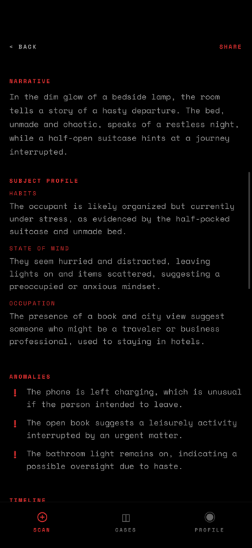 Probe — Full narrative reconstruction with subject profile and anomalies